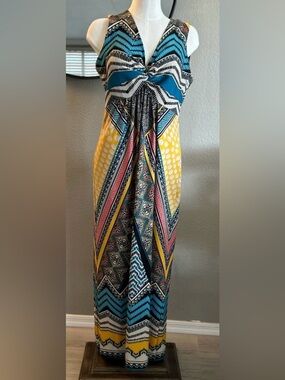 Chico's Multicolor Patterned Maxi Dress - Teal, Yellow, Pink, Black, White